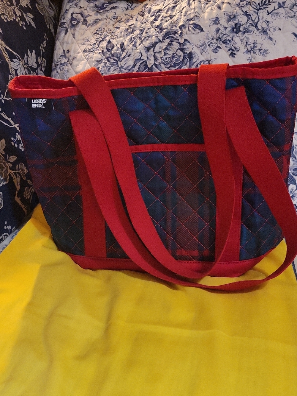 Lands' End Tote- Red/blue/green Plaid W Red Interior, 16" Wide